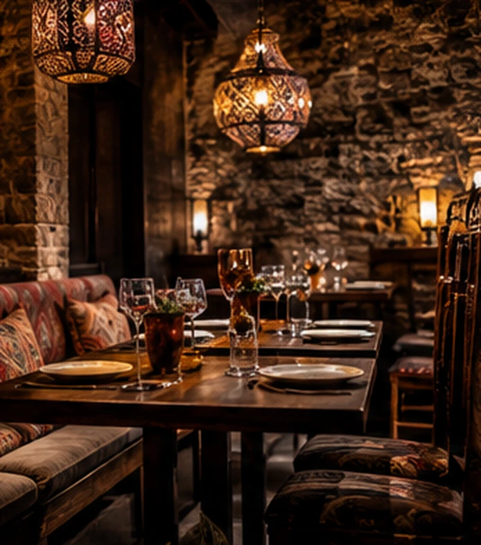 Intimate Afghan-inspired restaurant interior with warm hanging lamps