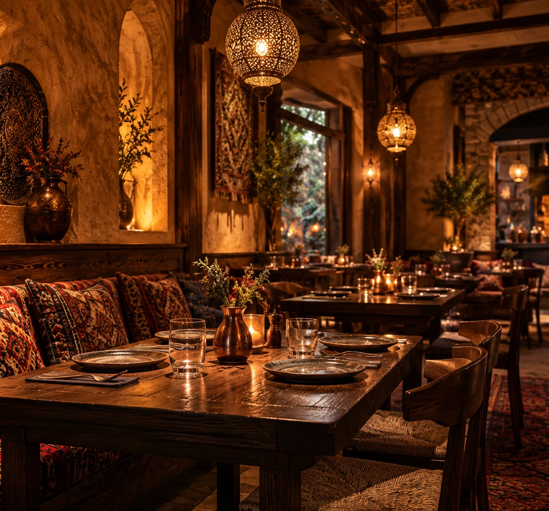 Warm Afghan-inspired dining room with patterned lanterns
