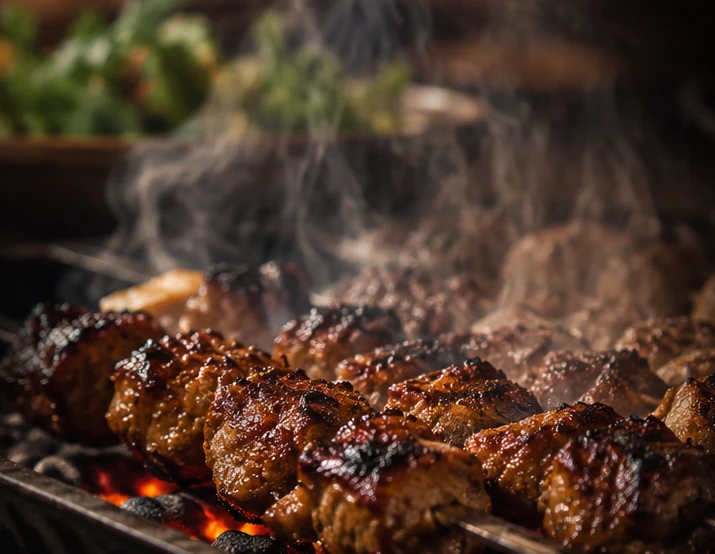 Charcoal-grilled kebabs cooking over glowing coals