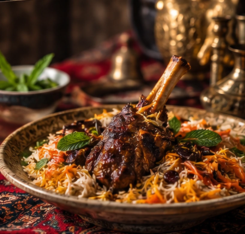 Fragrant rice with roasted meat and fresh herbs